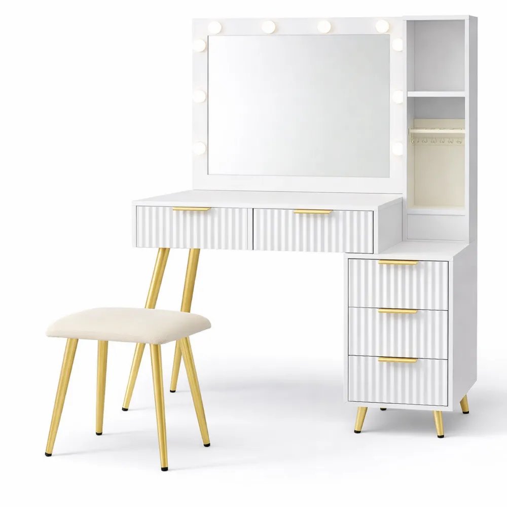 Toeletta con Specchio LED e Sgabello, Tavolo da Trucco con Cassetti e Vassoio Portagioie, Bianco