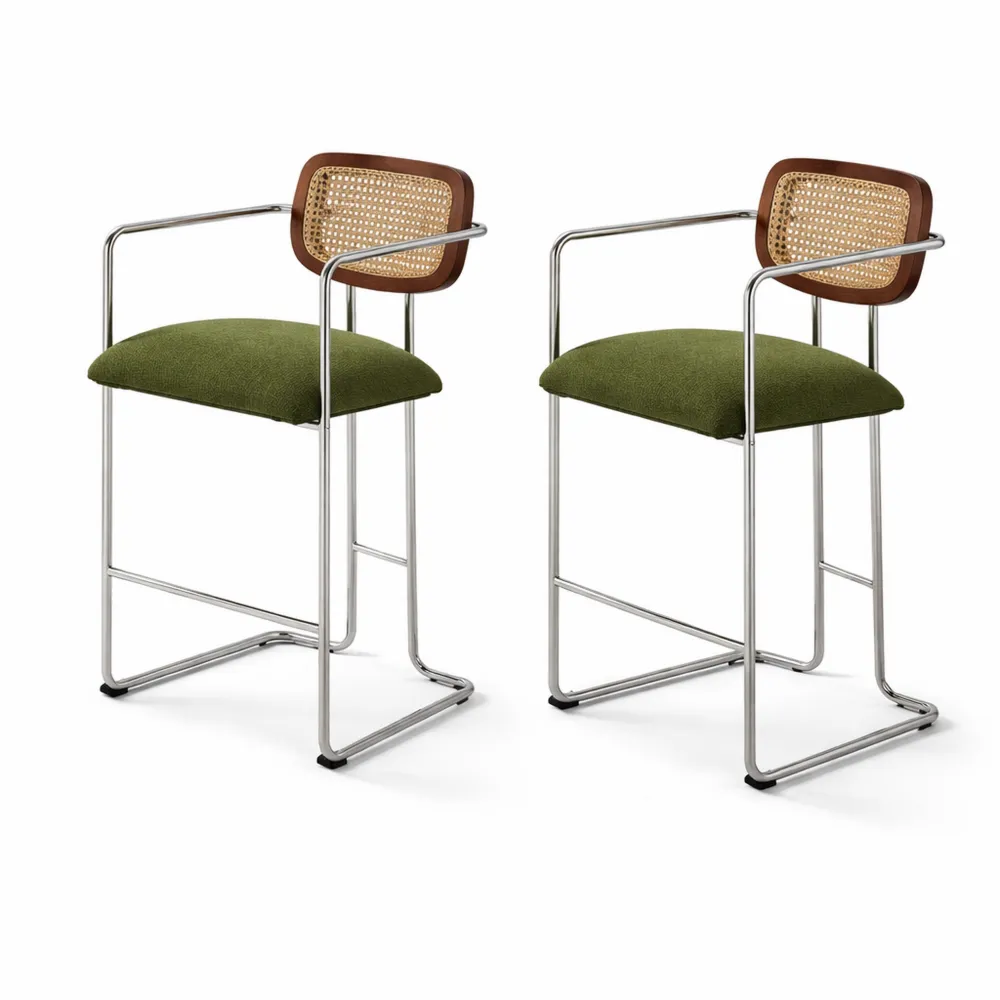 Set 2 Sgabelli da Bar in Lino con Struttura in Metallo, Verde