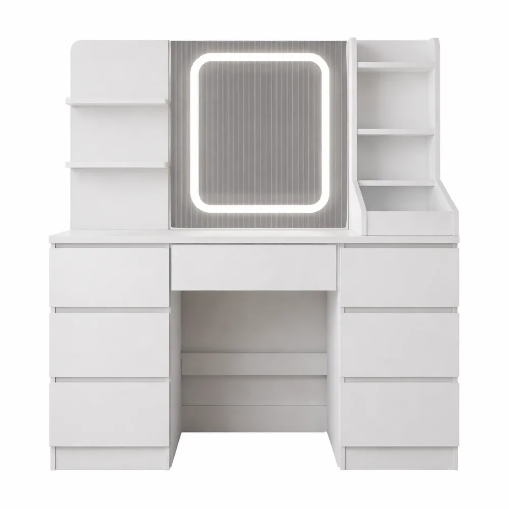 Tavolo da Trucco con Luci LED e Specchio, Design Moderno con 4 Ripiani e 7 Cassetti