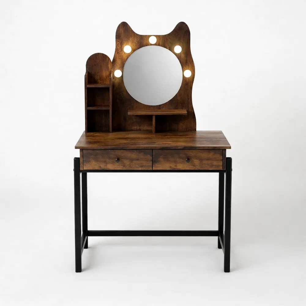 Toeletta da Trucco con Luci Regolabili e Gattino, Tavolo per Cosmetici con Scaffali e Cassetti