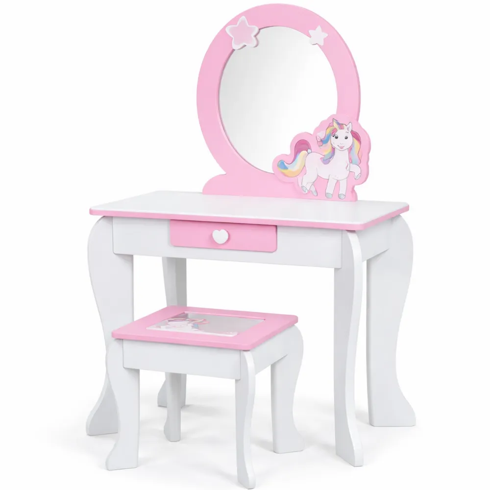 Toeletta per Bambini con Specchio Rimovibile e Sgabello, Colore Rosa