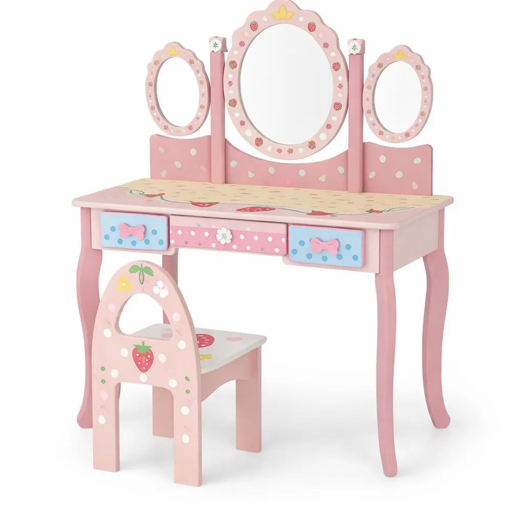 Tavolo da Trucco Staccabile per Bambini in Legno con Sgabello e Cassetti