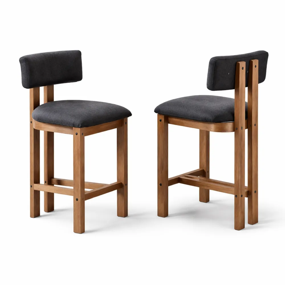 Coppia Sgabelli da Bar in Tessuto di Lino con Gambe in Legno, Grigio