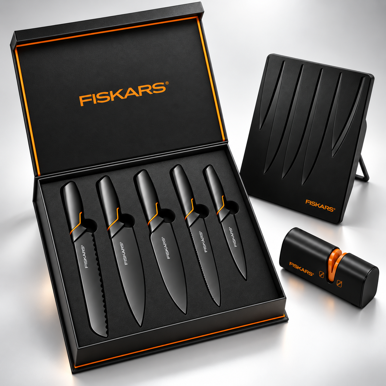 👩‍🍳Limitált kiadás: FISKARS® 5 darabos késkészlet (késtartóval) – FISKARS EDGE sorozat, Éles konyhai kések + Élezőeszköz