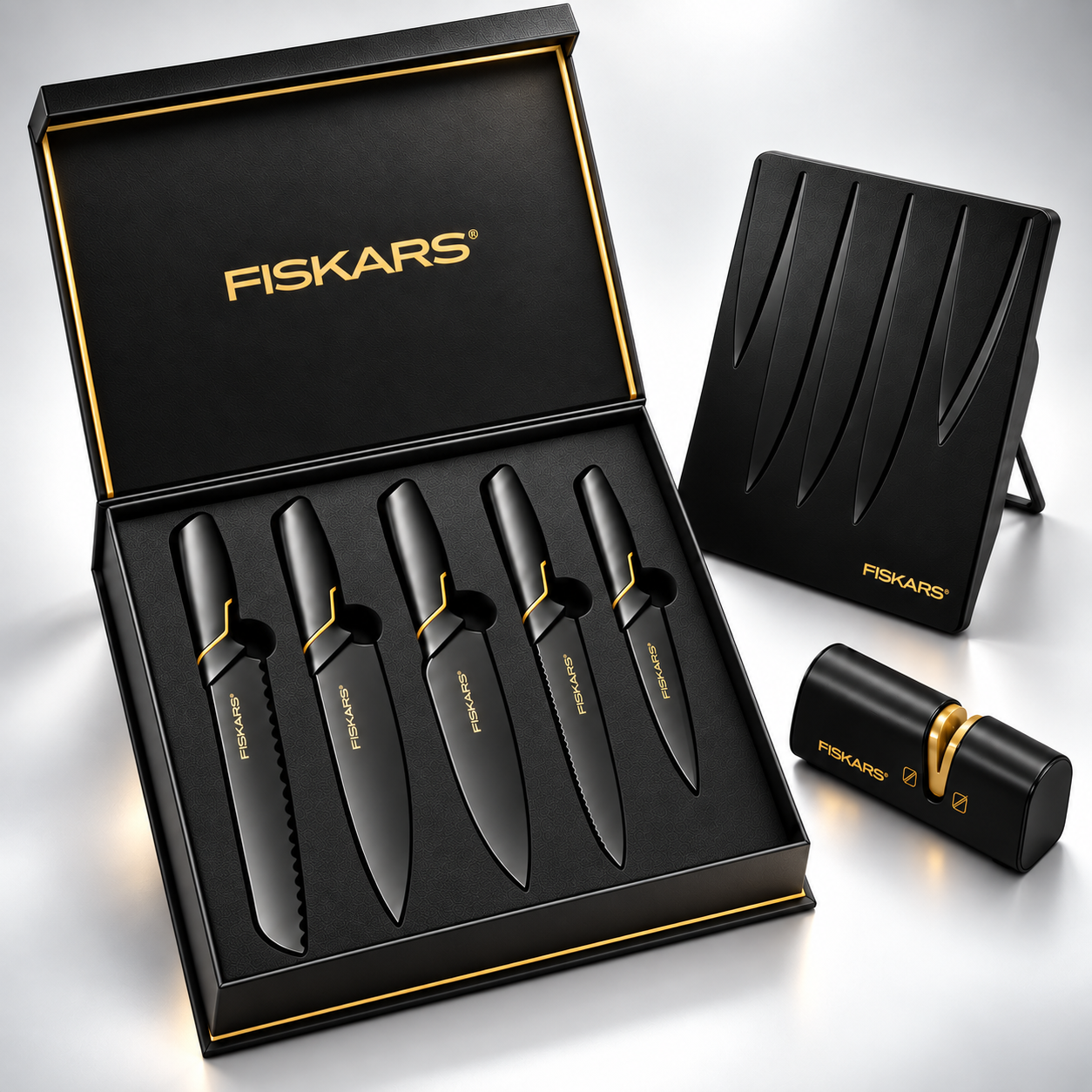 👩‍🍳Limitált kiadás: FISKARS® 5 darabos késkészlet (késtartóval) – FISKARS EDGE sorozat, Éles konyhai kések + Élezőeszköz