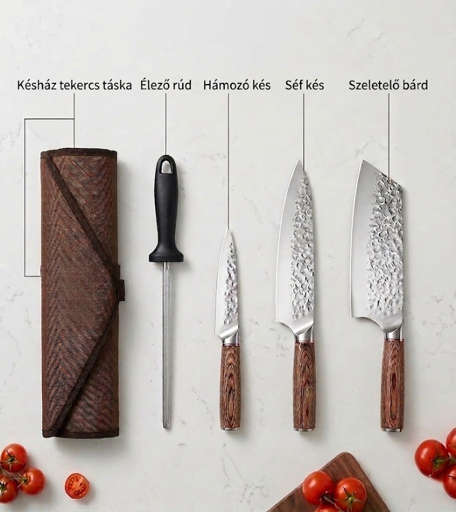 5 db-os szakács- és BBQ késkészlet gurulós táskával, magas széntartalmú rozsdamentes acél kések precíz főzéshez, kültéri húsvágáshoz (élezőacéllal együtt)