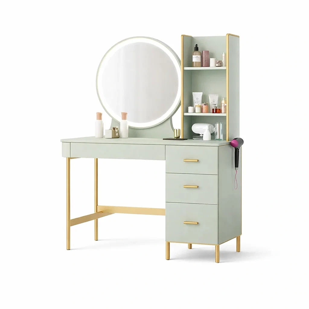 Modern LED Mirror Vanity Table With Storage Shelves-AuraLoria