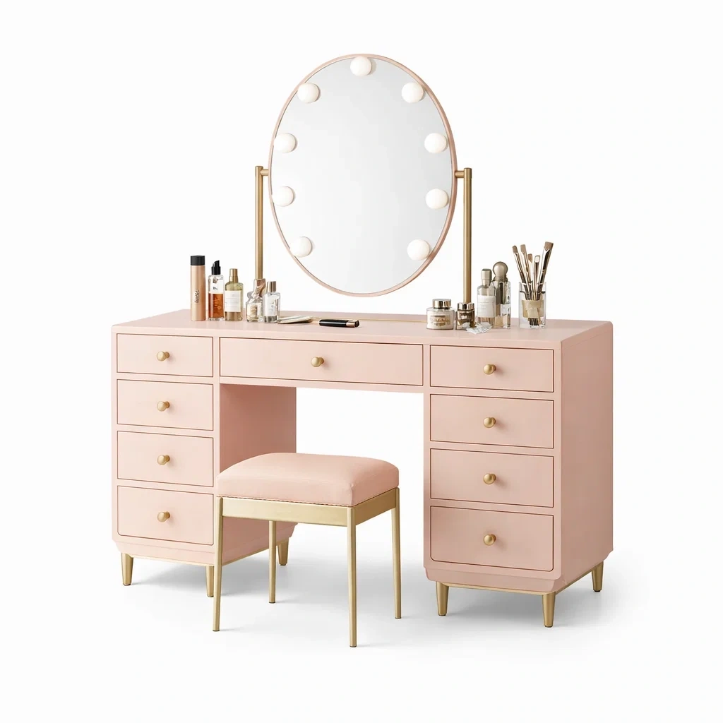 Hollywood Lighted Makeup Vanity Desk With Stool-AuraLoria