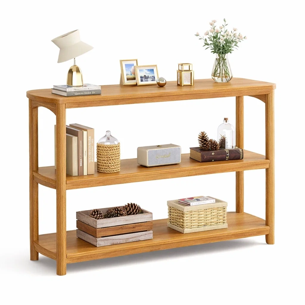 Natural Wood Three Tier Console Table-AuraLoria