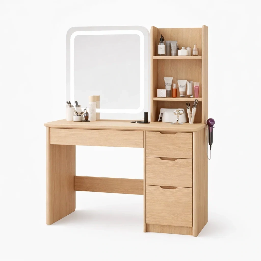 Modern Vanity Table With LED Mirror And Shelves-AuraLoria