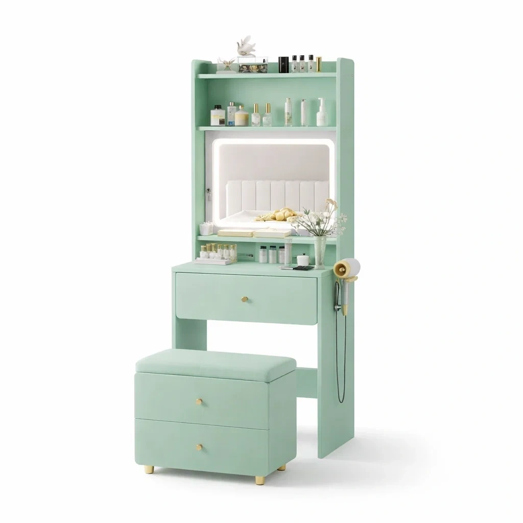 Compact Vanity Desk With Mirror And Storage Stool-AuraLoria