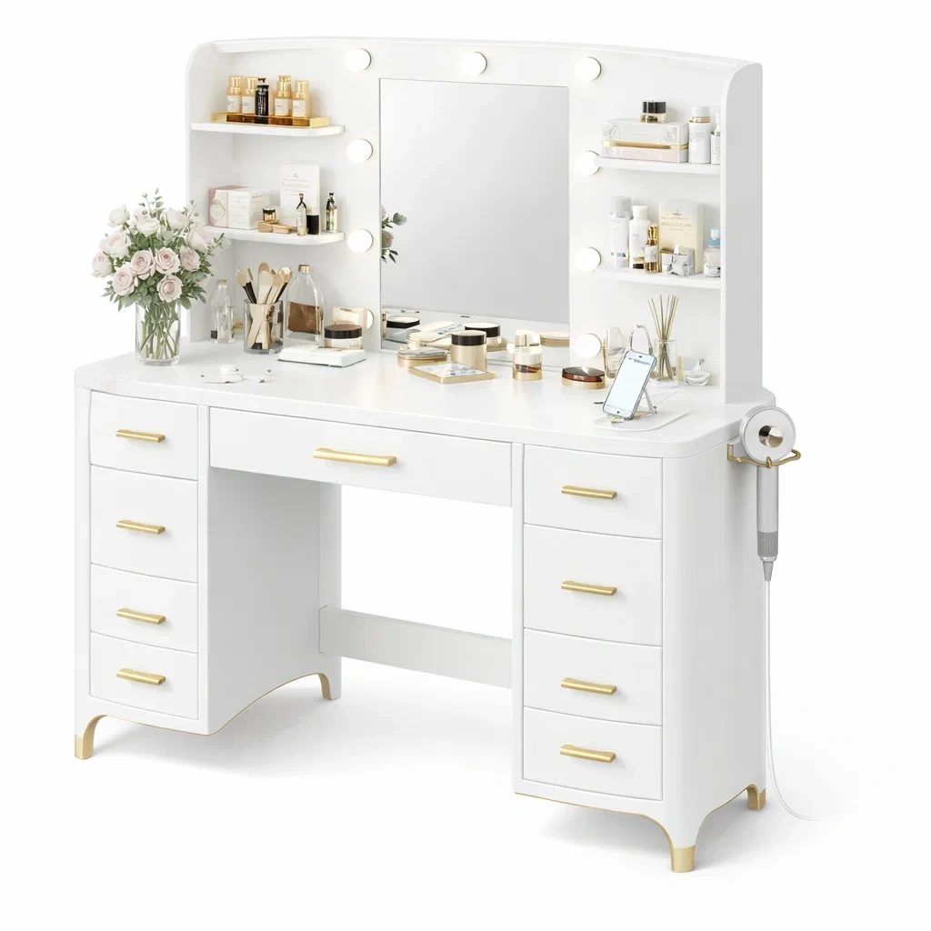 Hollywood Lighted Makeup Vanity Desk With Storage Shelves-AuraLoria