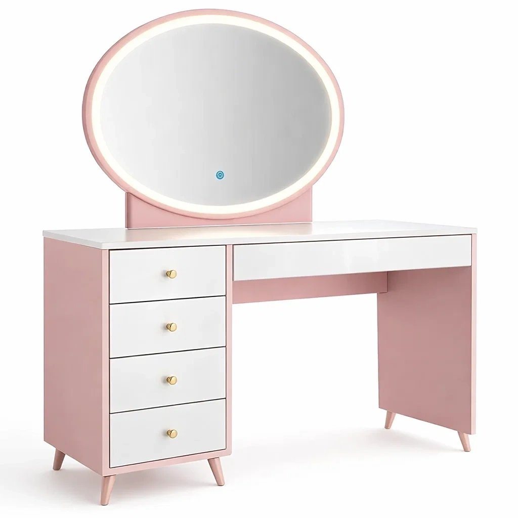 LED Oval Mirror Vanity Desk With Drawers-AuraLoria