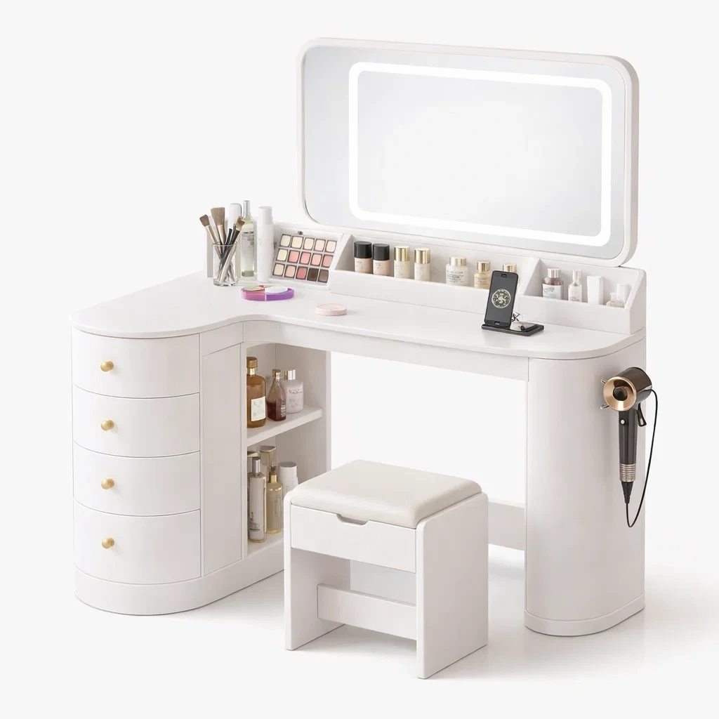 Corner LED Mirror Vanity Desk With Stool-AuraLoria