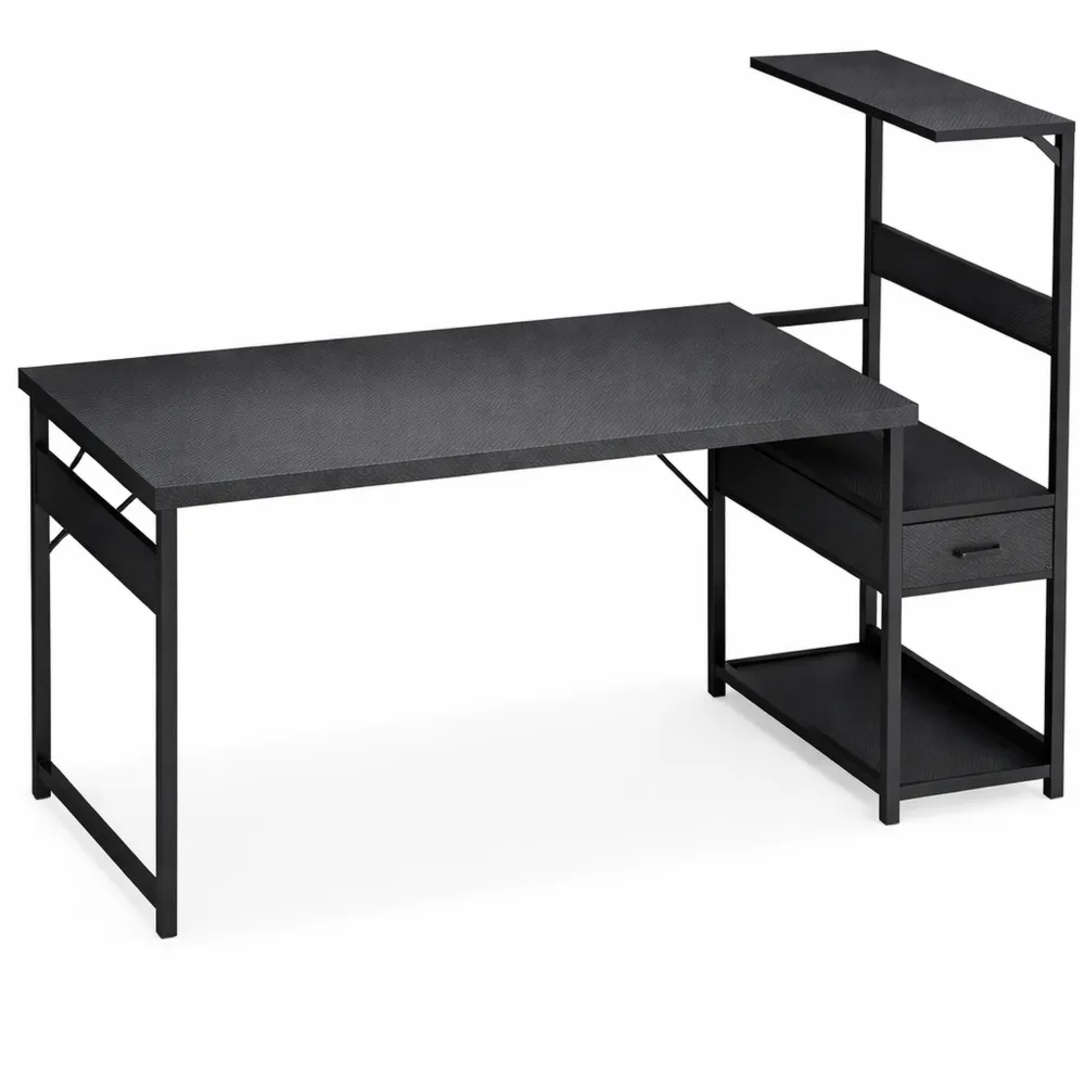 Bureau de Jeu LED avec Tiroirs et Étagères, Réversible pour Casque, 120×48 cm, Noir-Rowangrov