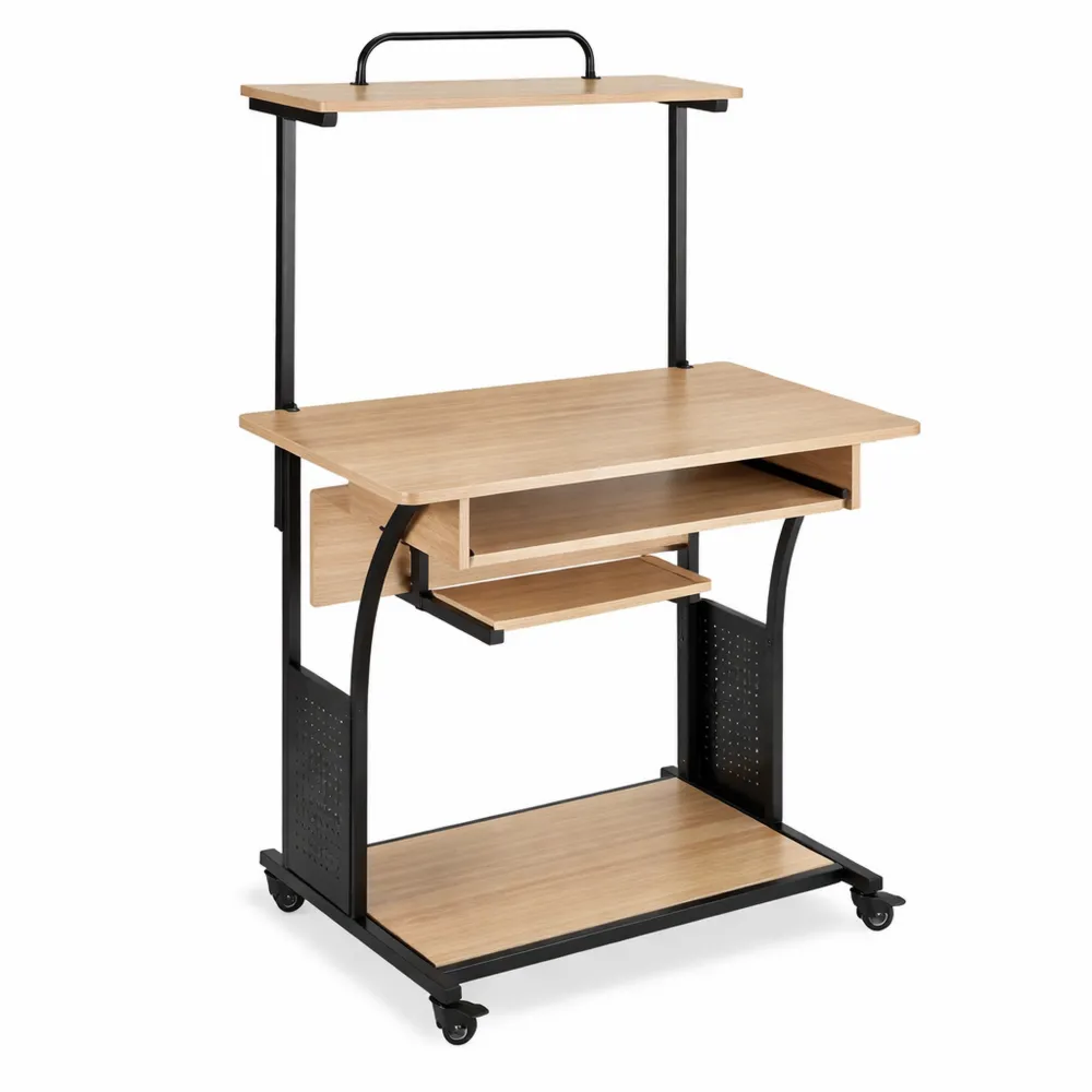 Bureau mobile avec étagères et tiroir intégré, 80 x 65,5 x 130,5 cm, en bois clair-Rowangrov