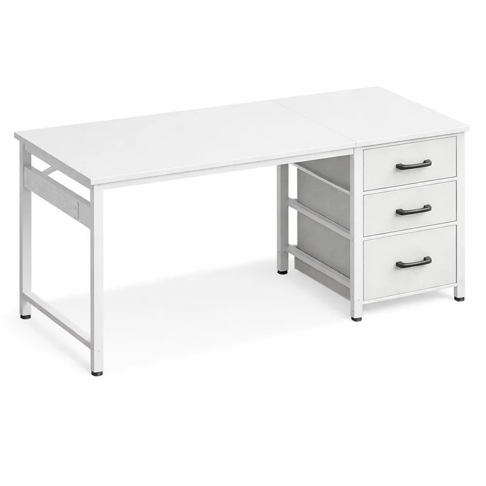 Bureau Compact avec Tiroirs en Tissu et Crochet pour Casque, 100x48cm, Blanc-Rowangrov