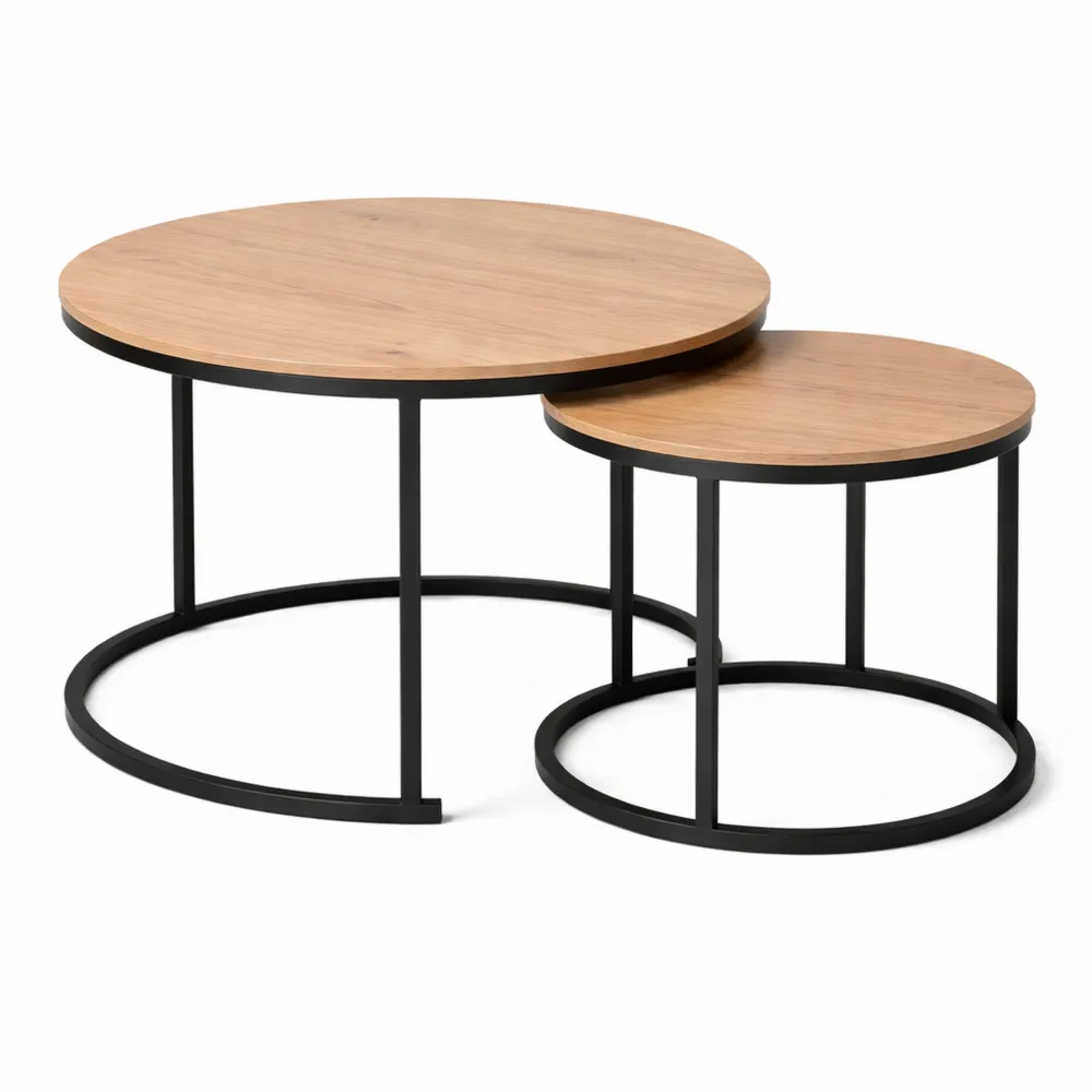 Ensemble de Tables Basses Rondes Modulables en Bois et Métal-Hazelgro