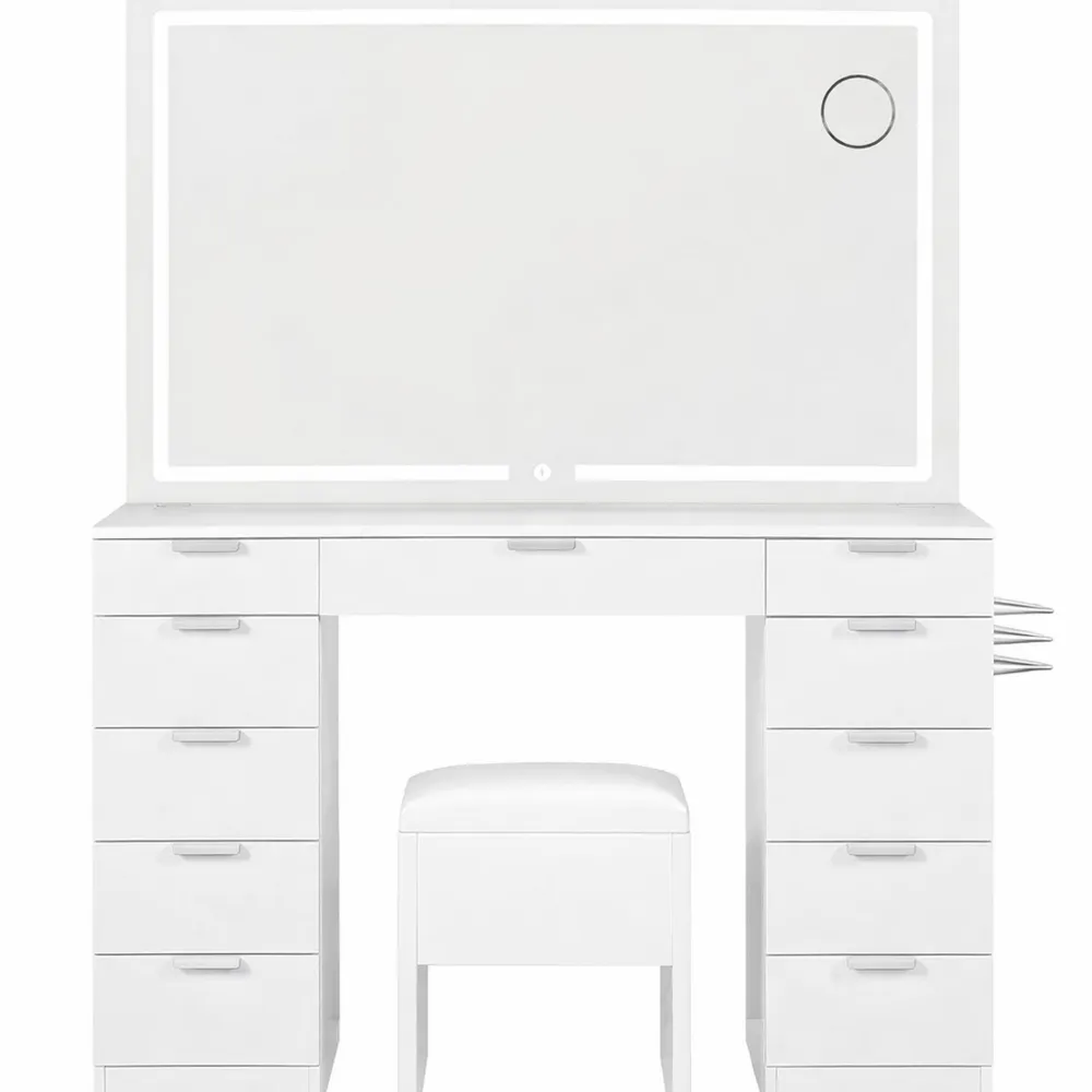 Table de Maquillage Blanche avec Miroir et Éclairage, 11 Tiroirs-Hazelgro