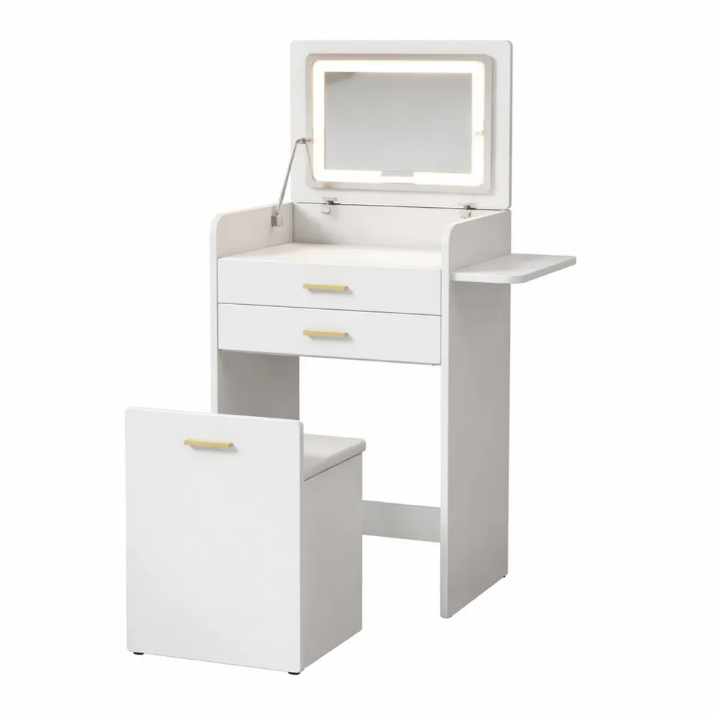 Coiffeuse avec Miroir LED Intégré et Tabouret pour Espaces Réduits-Hazelgro