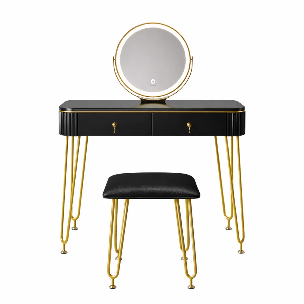 Table de Maquillage Noire avec Éclairage LED et Tabouret, 100 cm-Hazelgro
