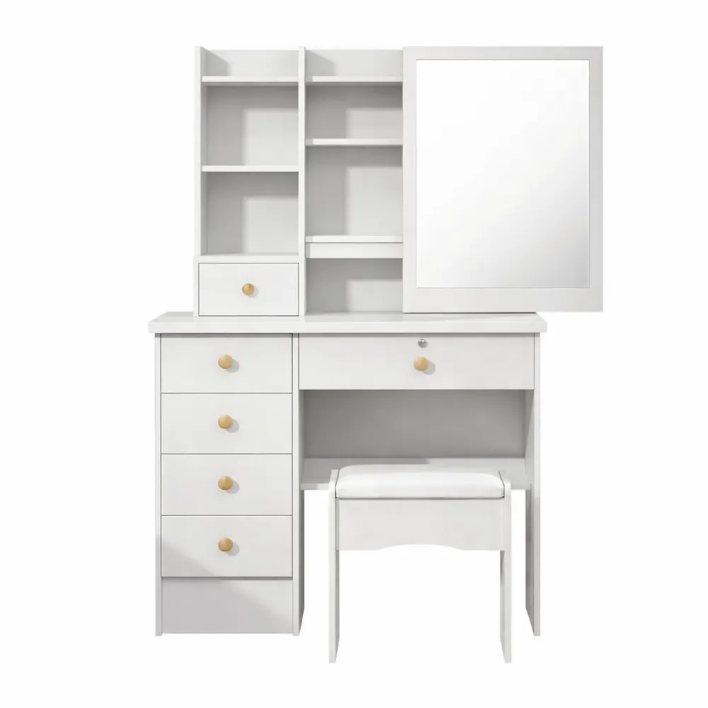 Table de Maquillage avec Miroir et Tabouret, Design Moderne avec Rangement Optimisé pour Chambre-Hazelgro