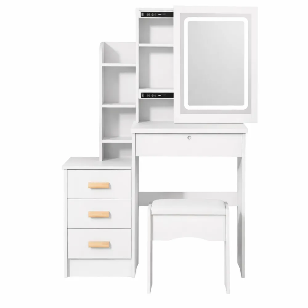 Table de Maquillage avec Miroir LED et Tabouret, Luminosité Réglable, 4 Tiroirs, Blanc-Hazelgro