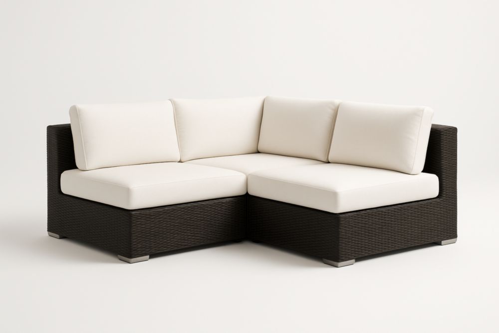 Canapé d'angle en résine tressée avec coussins en polyester