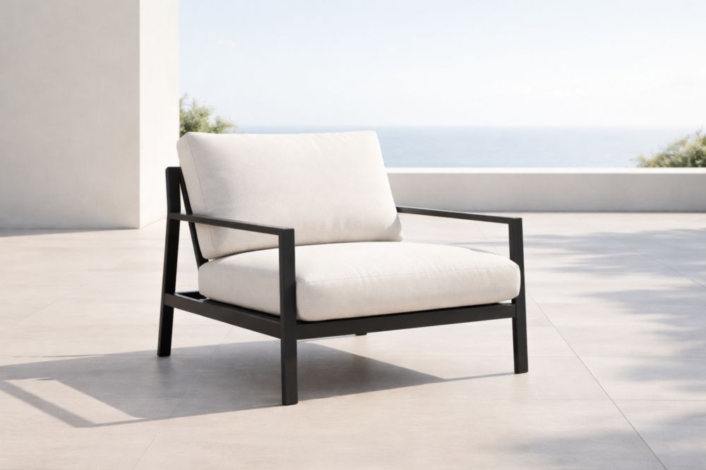 Fauteuil de jardin en aluminium noir avec coussins en polyester crème