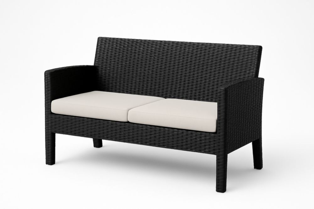 Canapé d'extérieur résine tressée noir 2 places avec coussins beige