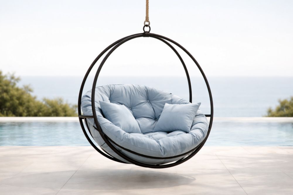 Chaise Suspendue Ronde en Acier avec Coussins en Polyester Bleu