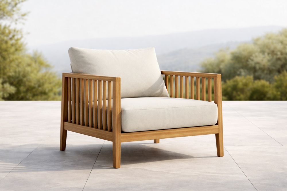 Fauteuil d'extérieur en bois de teck avec coussins en polyester beige