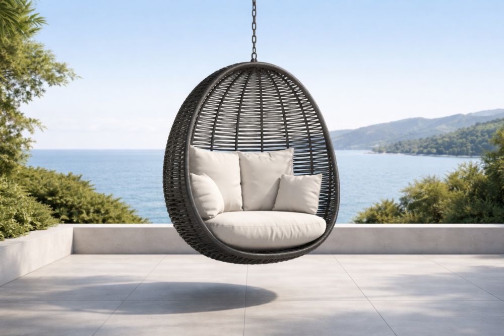 Fauteuil suspendu en rotin résine noir avec coussins blancs d'extérieur