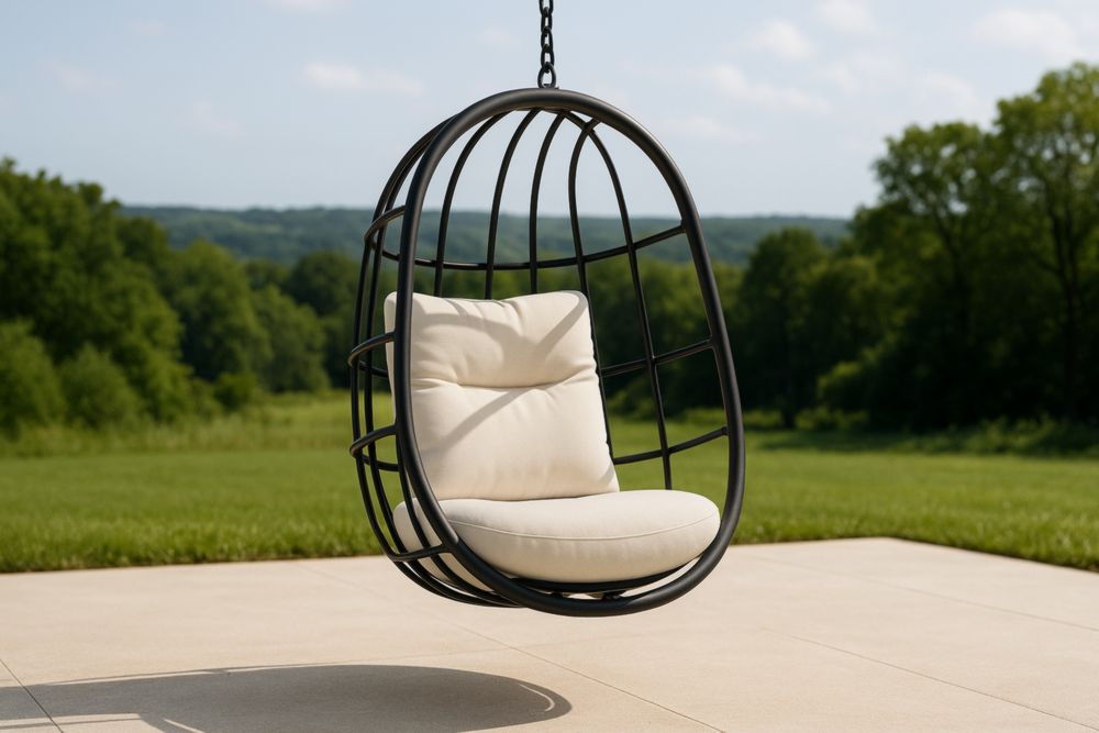 Fauteuil Suspendu Extérieur Ovale Métal Noir avec Coussin Beige
