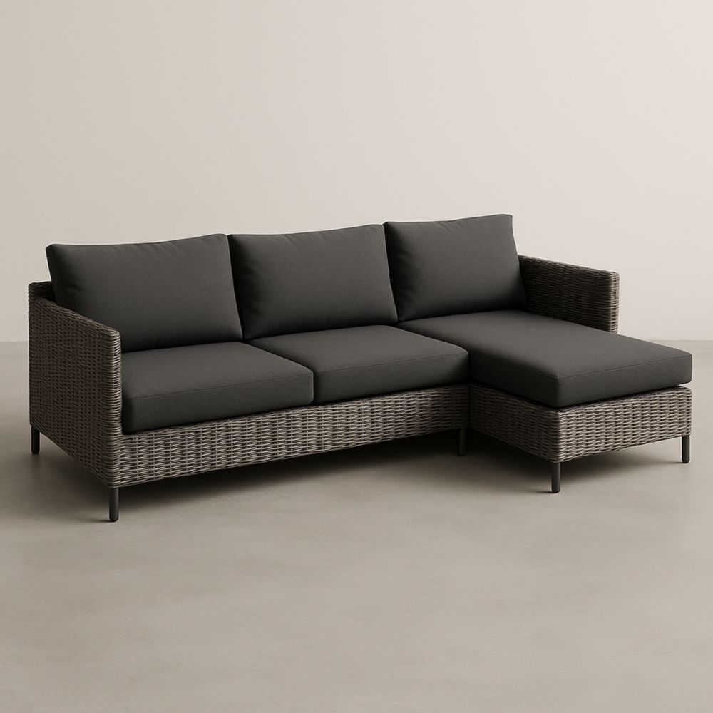 Canapé d'angle en résine avec coussins en tissu gris