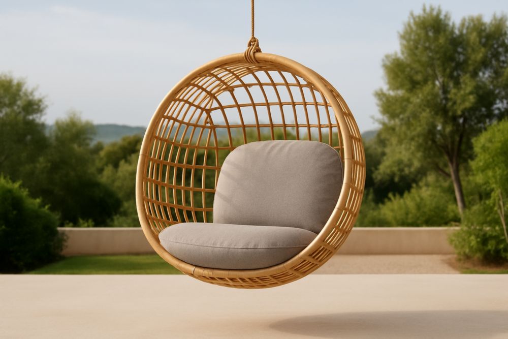 Fauteuil suspendu en rotin avec coussin en polyester beige