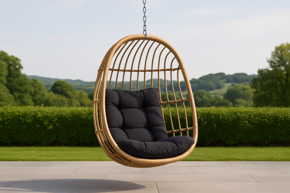 Chaise Suspendue en Rotin avec Coussin Noir