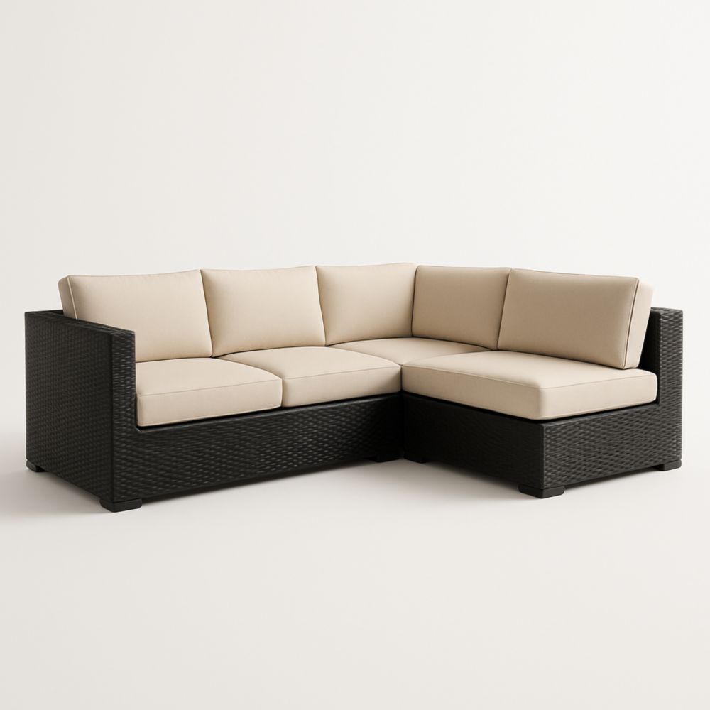 Canapé d'Angle Modulaire en Résine Tressée Noir avec Coussins Beiges