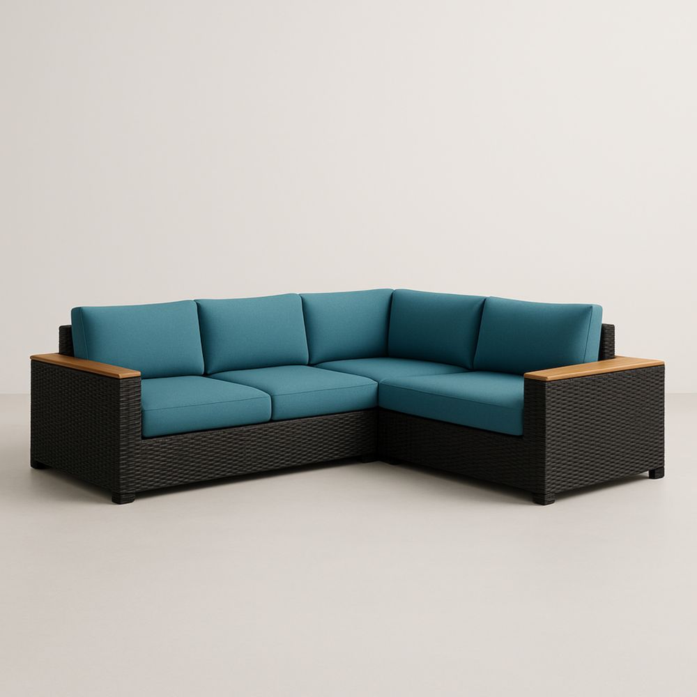 Canapé d'angle en résine tressée bleu avec accoudoirs en bois