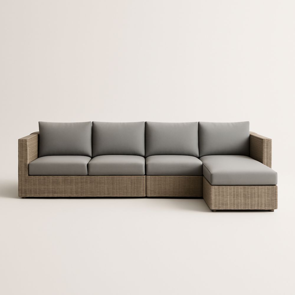 Canapé d'angle modulable en rotin avec coussins en polyester gris