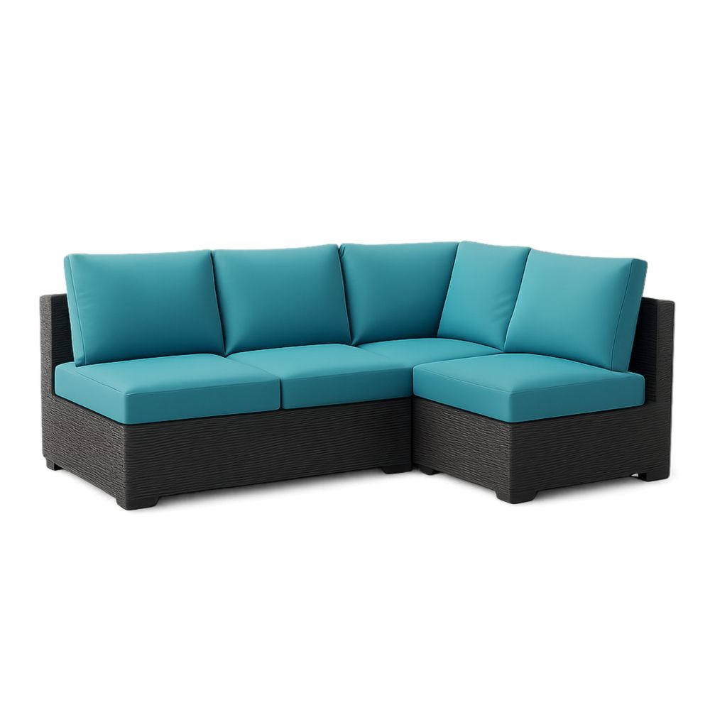 Canapé d'angle extérieur en résine tressée noir avec coussins bleu