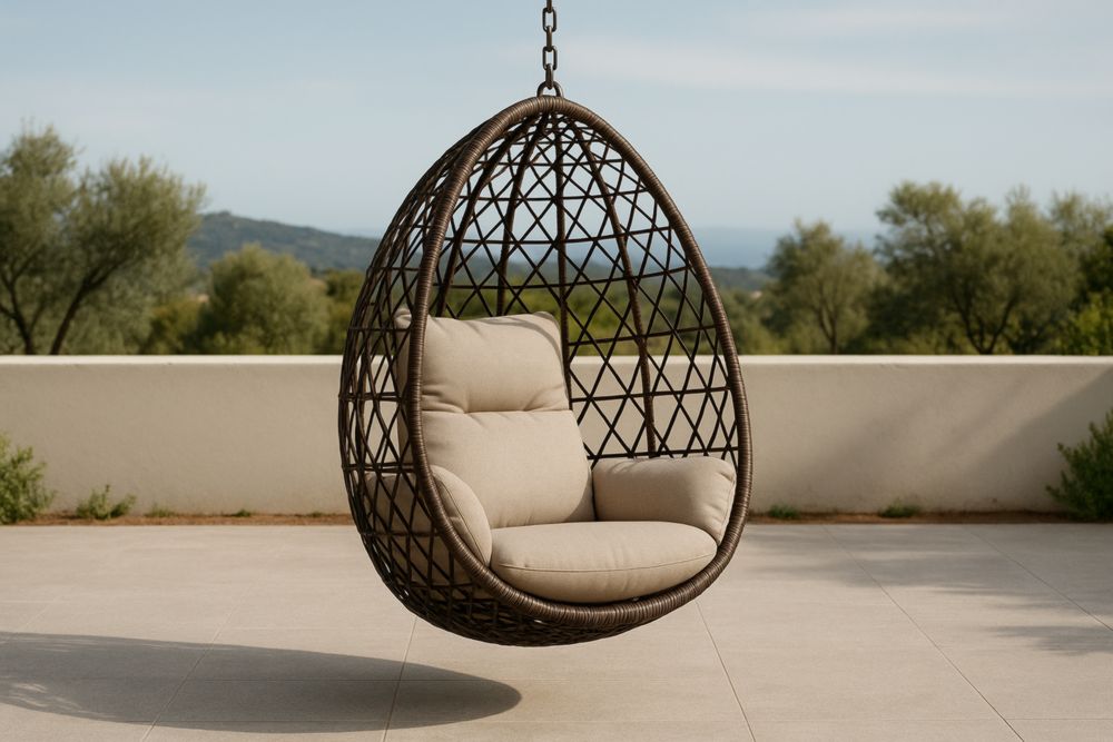 Fauteuil suspendu en rotin synthétique avec coussin beige