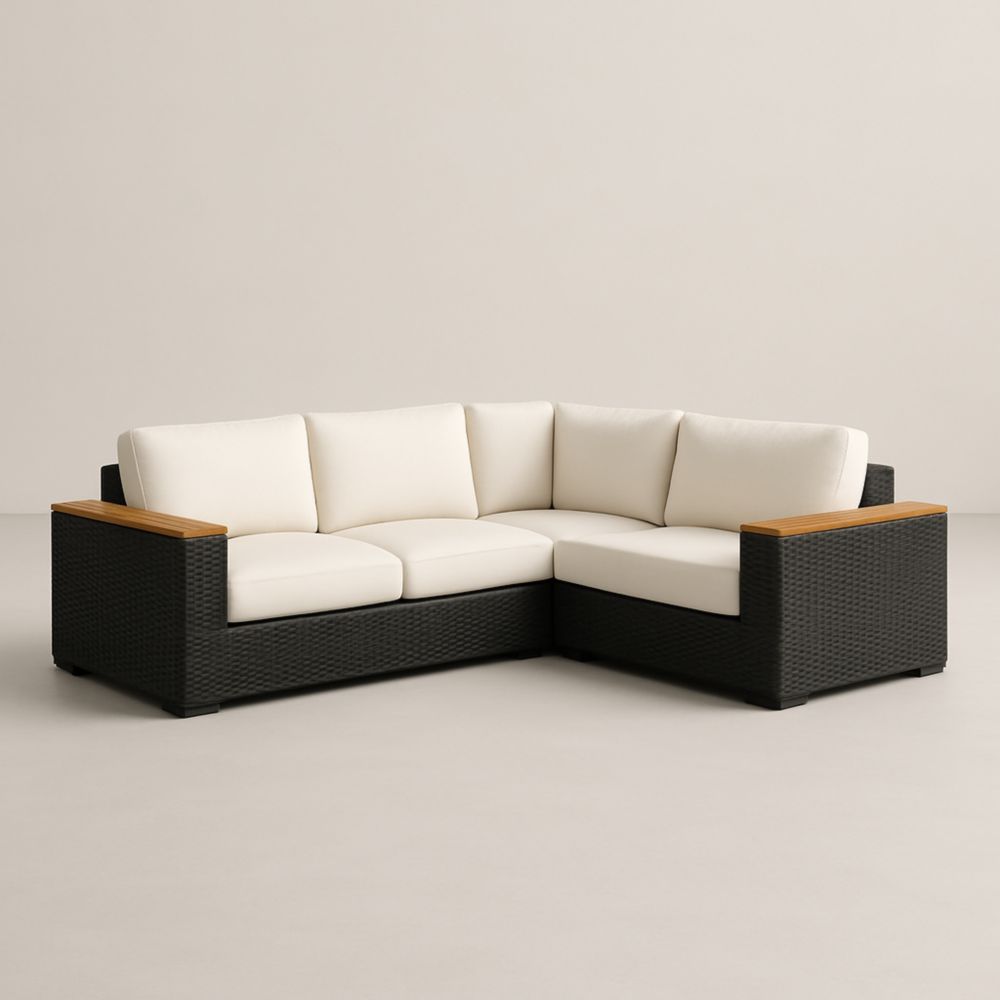 Canapé d'angle en résine tressée noir et bois avec coussins crème