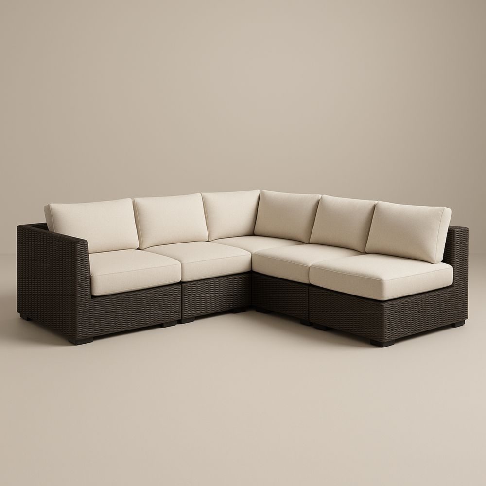Canapé d'Angle Modulable en Résine Tressée avec Coussins Beiges