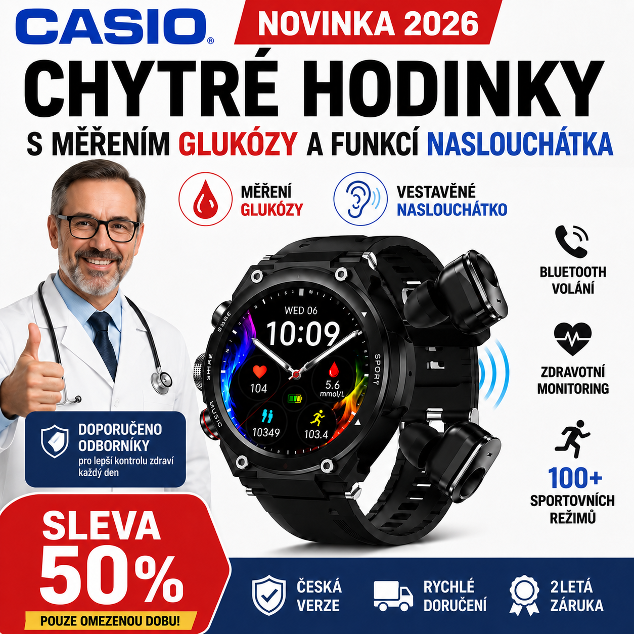 Nejnovější model 2026 🔥 – Chytré hodinky s měřením glukózy a vestavěným naslouchátkem 👂🩸 – AMOLED displej, Bluetooth hovory, zdravotní monitoring a 100+ sportovních režimů