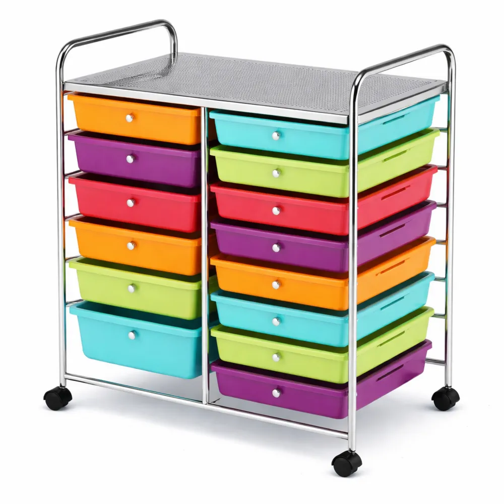 Chariot de rangement à roulettes avec 15 tiroirs en plastique