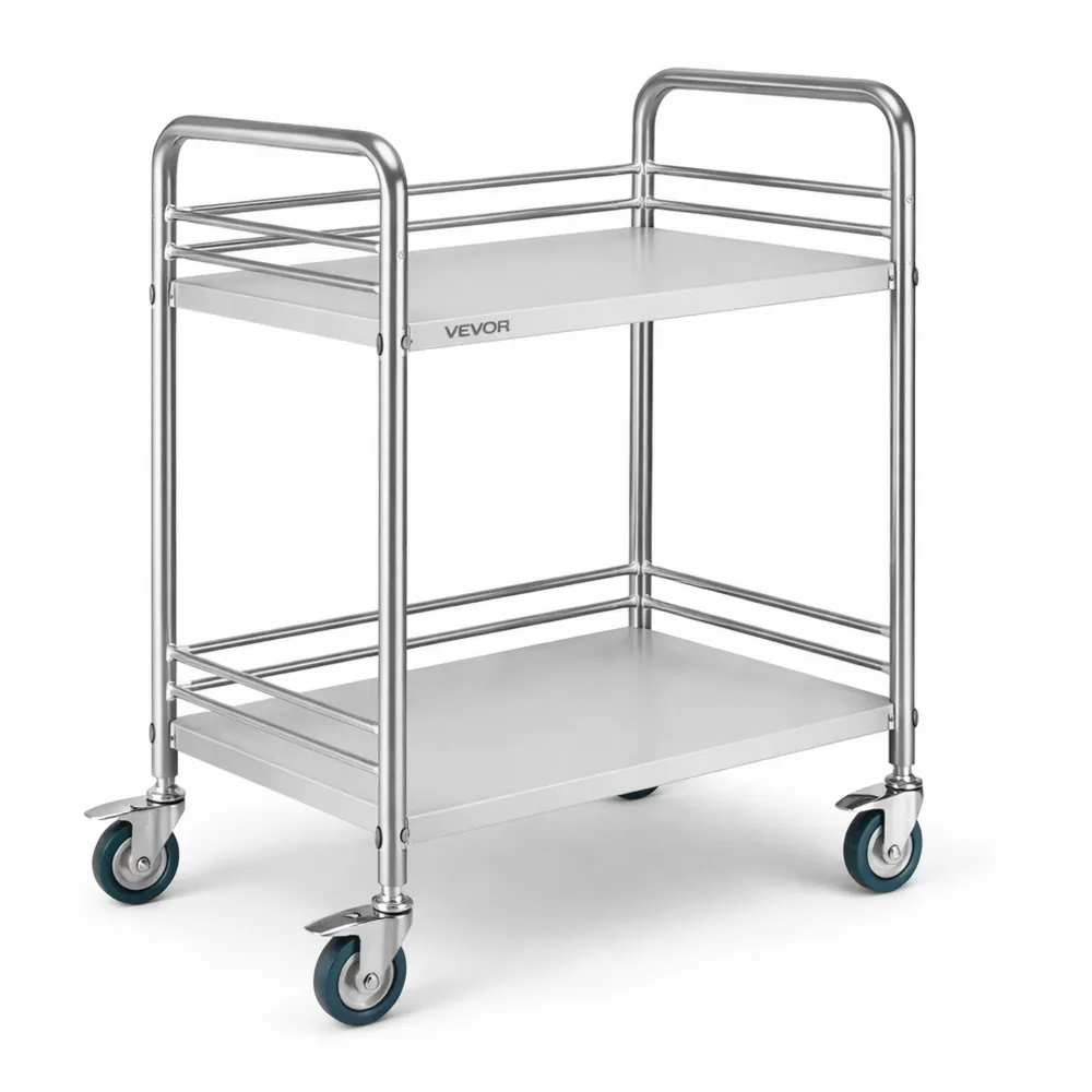 Chariot de service à 2 niveaux en acier inoxydable avec roulettes verrouillables pour milieu médical et restauration
