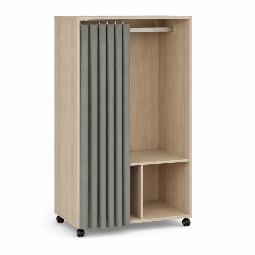 Penderie mobile avec rideau et étagères, tringle de suspension et roulettes