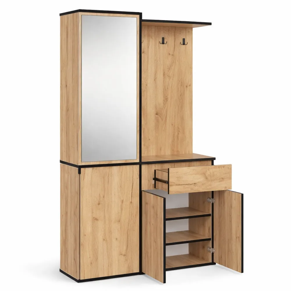 Meuble d'entrée fonctionnel avec miroir, rangement optimisé pour petits espaces