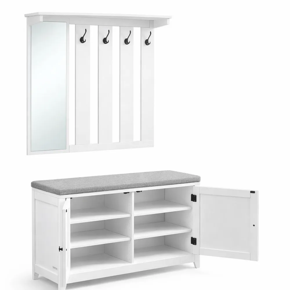 Porte-manteau multifonction avec banc et miroir, 8 crochets, étagère réglable